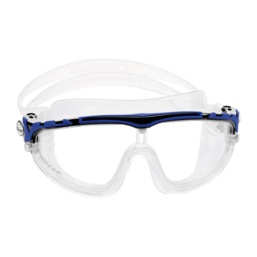 A pair of Cressi Skylight swim goggles with a clear silicone skirt and blue accents on the strap and goggles frame.