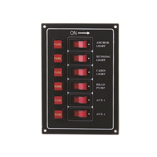 A black 6 gang fused switch panel with red and white illuminated switches.