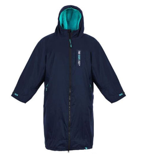 Navy blue raincoat with teal interior on a white background