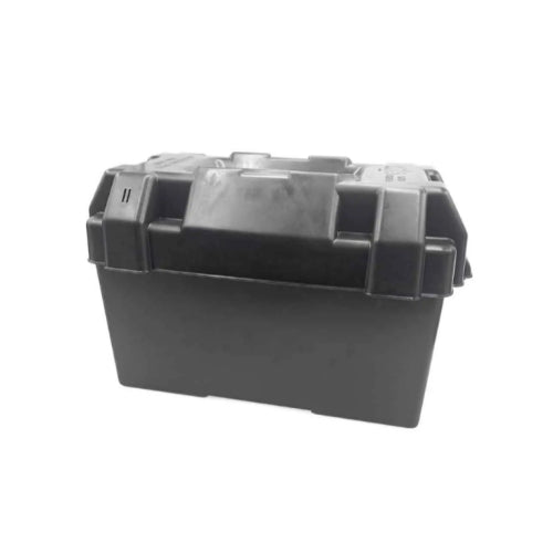 Black polypropylene battery box with fastening fittings, designed for holding batteries.