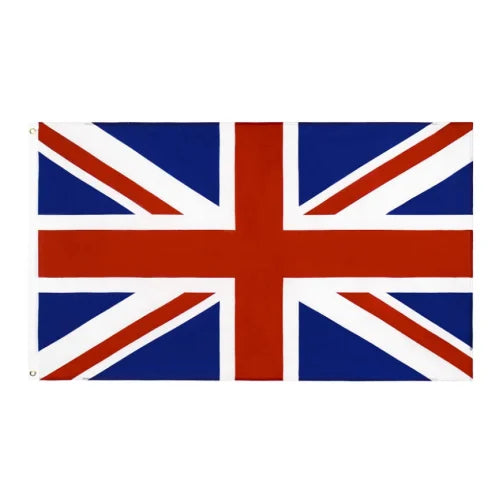 A Union Jack flag, predominantly red, white, and blue in color, with a cross-like emblem in the center.