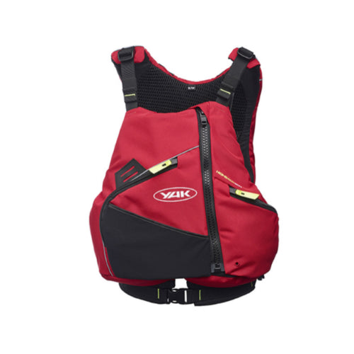 A red and black YAK high back buoyancy aid for kayaking with adjustable shoulder straps and multiple attachment points.