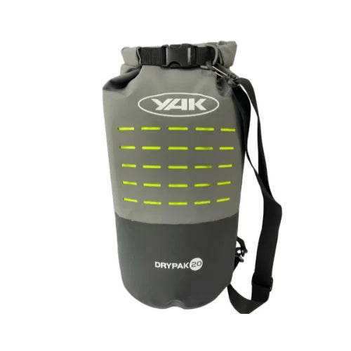 A gray Yak drypak 20ltr 500d drybag with yellow molle slot attachment points and a detachable swivel shoulder strap.