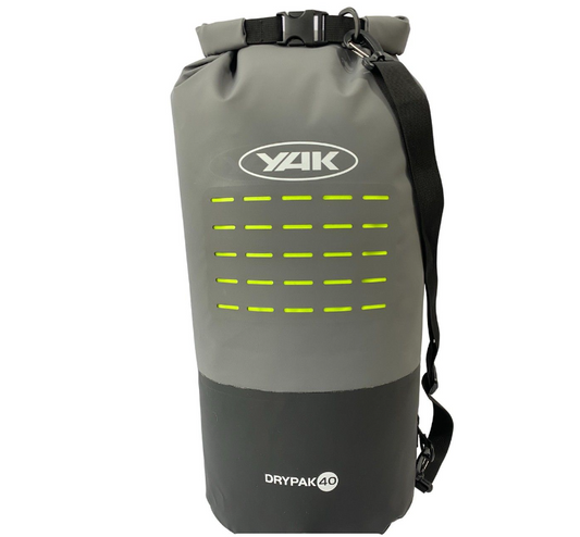 A gray Yak Drypak 40LTR 500D drybag with a roll-top closure, Molle slot system, and a detachable swivel shoulder strap.
