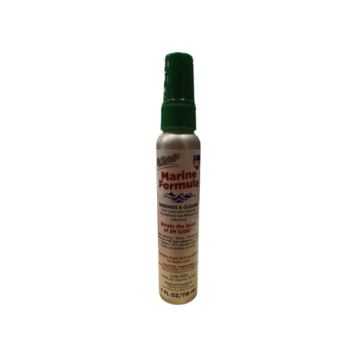 A bottle of DeBond Marine Formula spray with a green cap, labeled for cleaning and removing adhesives and sealants from boats.