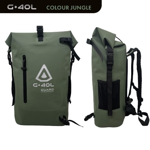 A green GUARD G.40L Jungle waterproof surfing backpack with adjustable straps, shown from the front and side views.