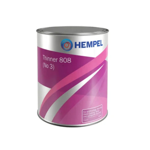 A can of Hempel Thinner No3 (808) with a purple and silver color scheme on the label.