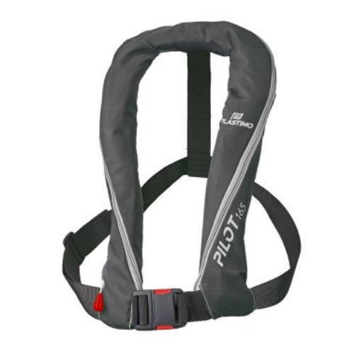 A Plastimo 'Pilot' 165N Auto Lifejacket in black color with a visible brand logo, featuring a slim cut design, adjustable strap, and retro-reflective stripes.