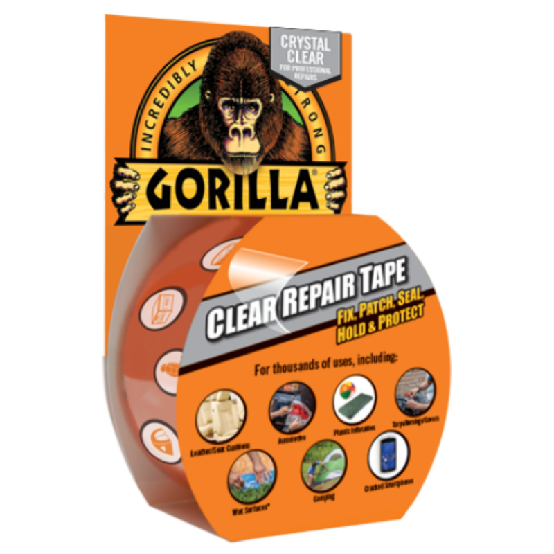 A roll of clear Gorilla repair tape in a packaging with an orange and white color scheme. The packaging highlights the product's features such as being crystal clear, extra strong, and able to fix, patch, seal, hold, and protect.