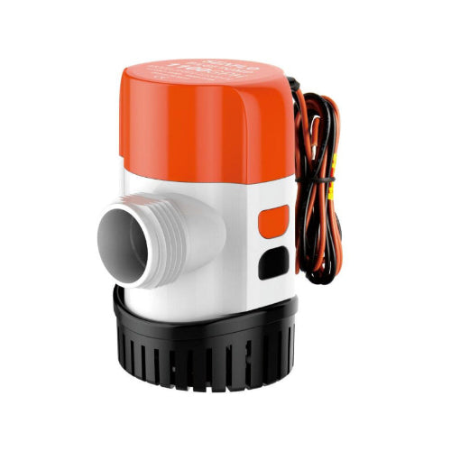 An image of a non-automatic bilge pump with an orange, white, and black color scheme, featuring a panel switch and wiring.