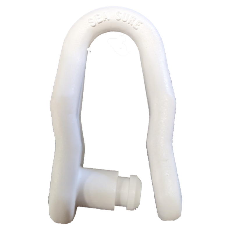 A white nylon sail shackle with the brand name 'Seasure' inscribed on it.