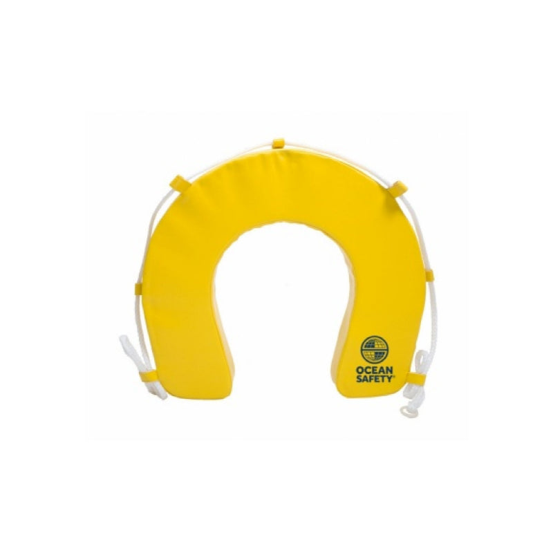 A yellow horseshoe lifebuoy with a white safety line and a logo on the front.
