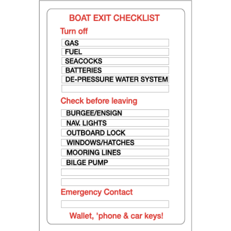Yachtmail Marine Safety Sticker - Boat Exit Checklist