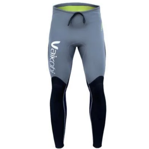 VAIKOBI Flex Force 1.5mm neoprene wetsuit pants in gray and black with branding on the leg, designed for water and wind sport activities.