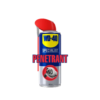 A spray can of WD-40 Specialist Penetrant with a red nozzle and a blue body, featuring the product name and a visual of a penetrant spray.