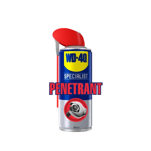 A spray can of WD-40 Specialist Penetrant with a red nozzle and a blue body, featuring the product name and a visual of a penetrant spray.