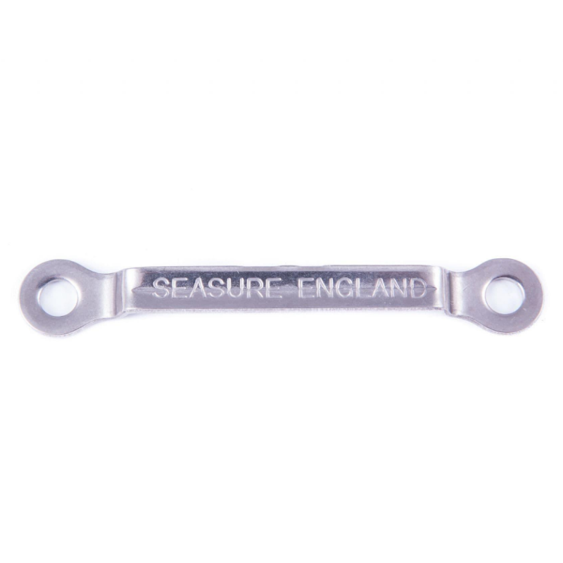 A stainless steel webbing bridge with 'Seasure England' engraved on it, featuring M5 fixing holes.