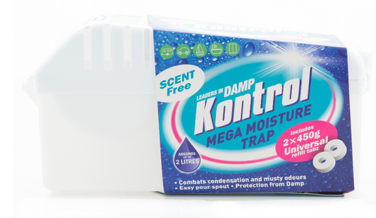 Packaging of The Mega Moisture Trap by Kontrol, featuring the product's size (450g) and highlighting its scent-free, easy-to-use properties.