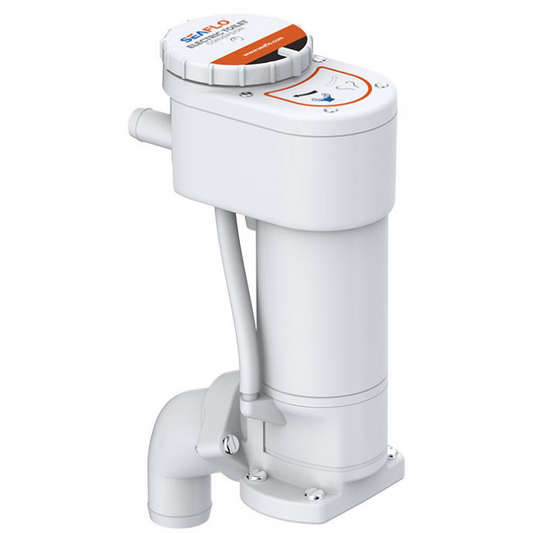 The electric flush pump provides the convenience of an electric head without having to modify the platform or replace the head. The self priming pump rinses the bowl while the waste pump macerates and evacuates waste.