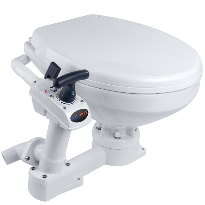 Lock handle, powerful self-priming pump, and automatic vacuum breaker, this marine toilet ensures a hygienic and hassle-free experience.